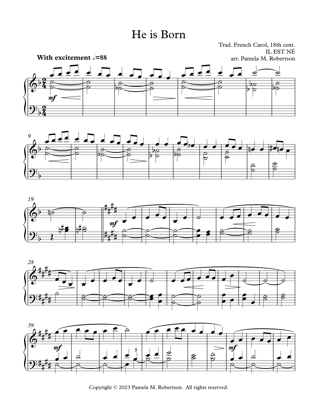 He Is Born - Piano Solo (arr. Pamela M Robertson)