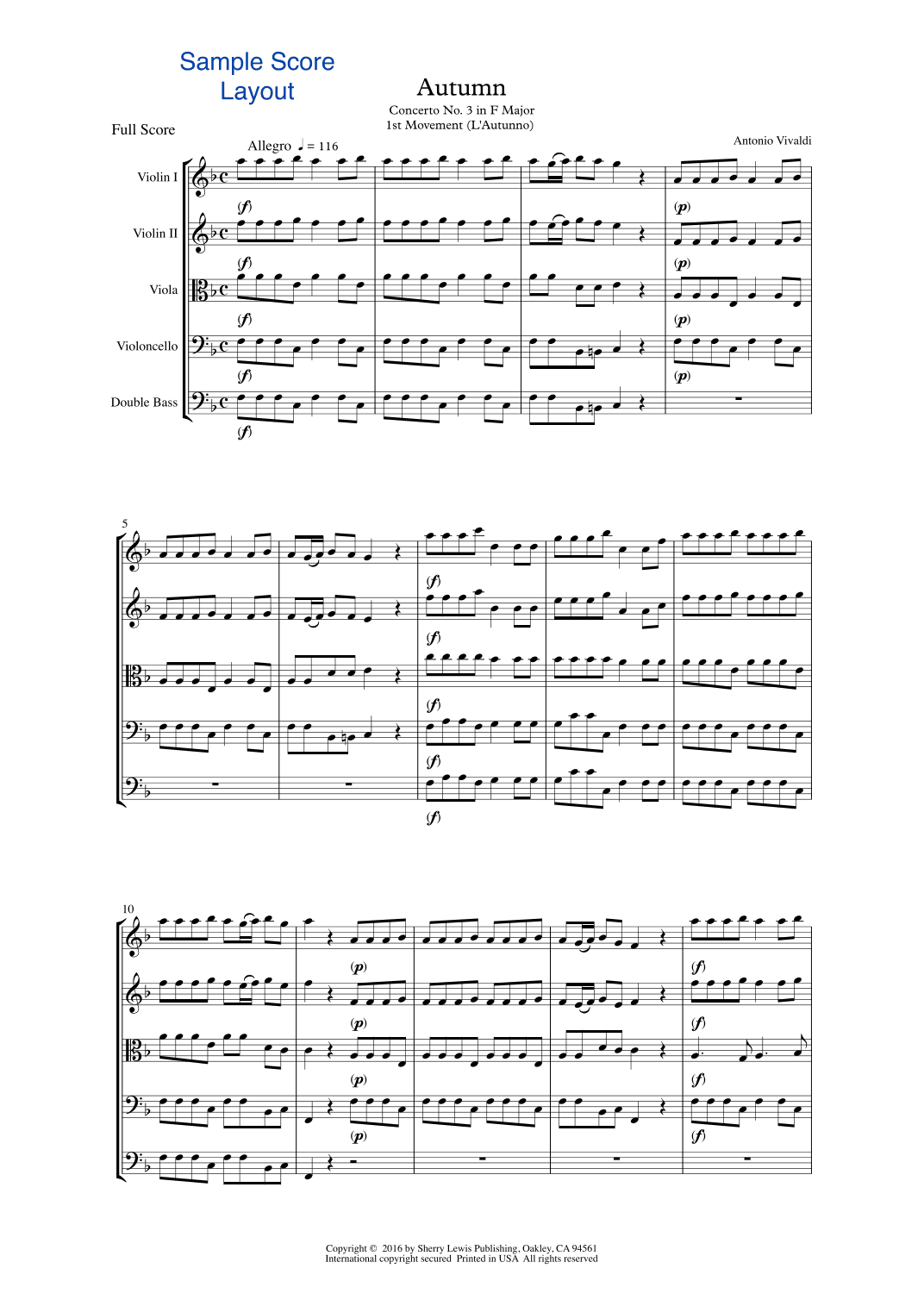 AUTUMN, Allegro by Vivaldi String Trio, Intermediate Level for 2 violins and cello or violin, viola (arr. Sherry Lewis Publishing)