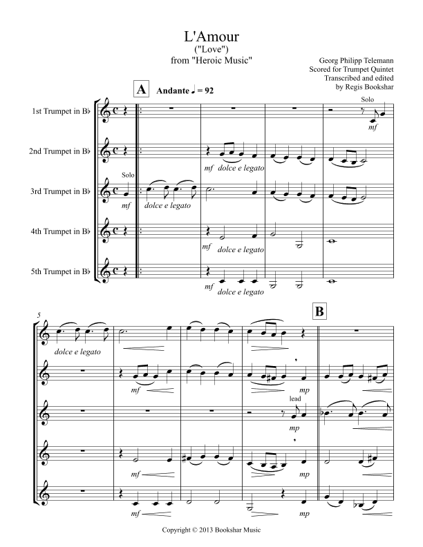 L'Amour (from "Heroic Music") (Bb) (Trumpet Quintet) (arr. Regis Bookshar)