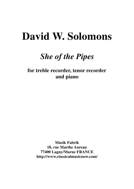 David Warin Solomons:  She of the Pipes for alto (treble) recorder, tenor recorder and piano