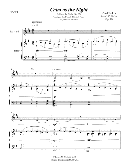 Bohm: Calm as the Night for French Horn & Piano (arr. James M. Guthrie, ASCAP)