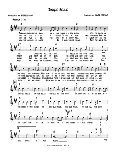 Jingle Bells - Lead sheet (melody, lyrics & chords) in key of A (arr. Stephen Bulat)