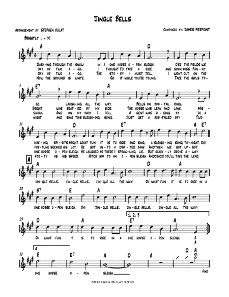 Jingle Bells - Lead sheet (melody, lyrics & chords) in key of A (arr. Stephen Bulat)