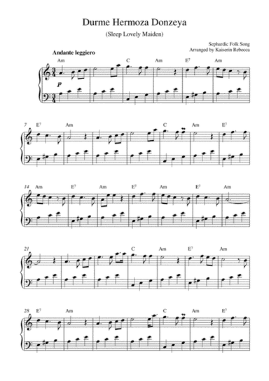 Durme Hermoza Donzeya (Sleep Lovely Maiden) (for piano solo with chords) (arr. Kaiserin Rebecca)