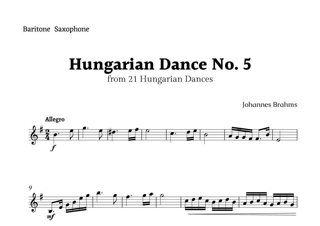 Hungarian Dance No. 5 by Brahms for Baritone Sax Solo (arr. Rika K.)