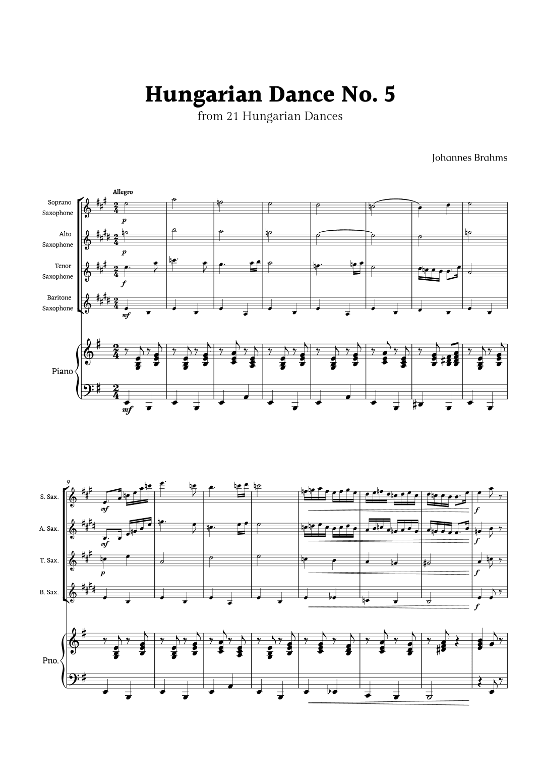 Hungarian Dance No. 5 by Brahms for Sax Ensemble Quartet and Piano (arr. Rika K.)