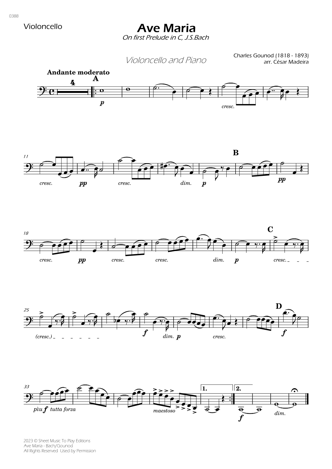 Ave Maria by Bach/Gounod - Cello and Piano (Individual Parts) (arr. César Madeira)