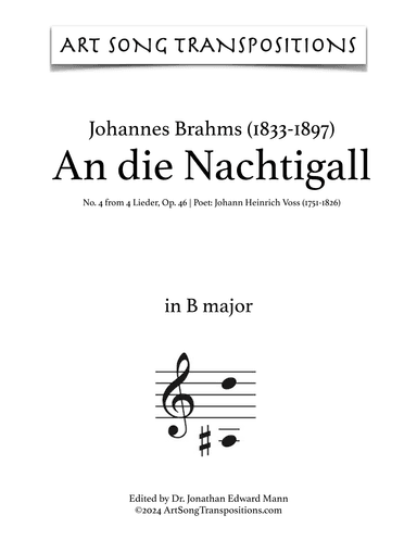 BRAHMS: An die Nachtigall, Op. 46 no. 4 (transposed to D major) (arr. ArtSongTranspositions.com)