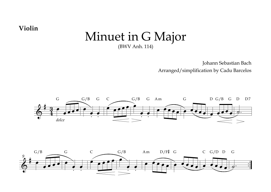 Minuet in G Major BWV 114 (Bach) Violin and chords (arr. Cadu Barcelos)