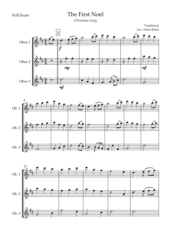 The First Noel (Christmas Song) for Oboe Trio (arr. Fabio Britto)