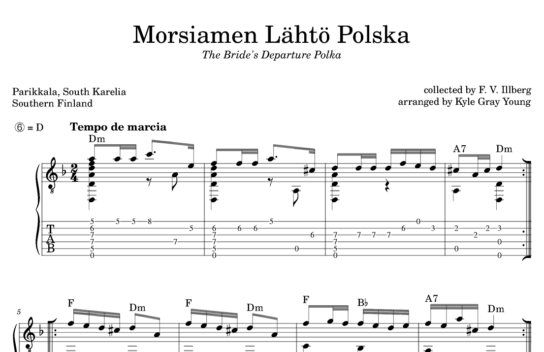 Morsiamen Lähtö Polska (The Bride’s Departure Polka) (guitar tab) (arr. Kyle Gray Young)