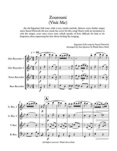 Zourouni (Arabic Song) - Recorder Quartet (arr. Wajdi Abou Diab)