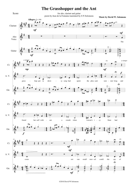 The grasshopper and the ant for alto voice, clarinet and guitar