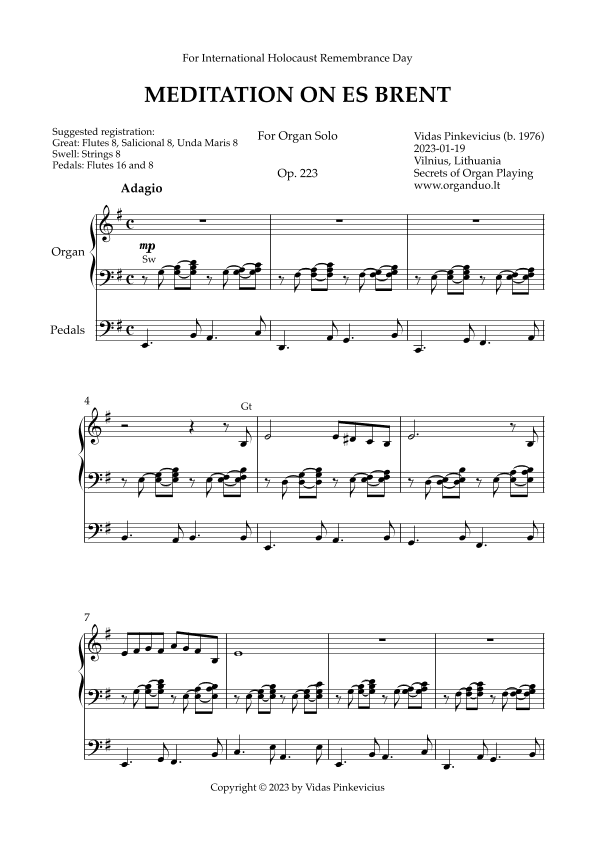 Meditation on Es brent, Op. 223 (Organ Solo) by Vidas Pinkevicius