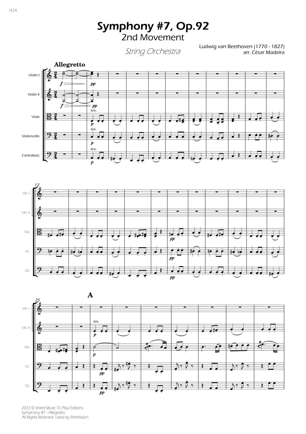 Symphony No.7, Op.92 - Allegretto - String Orchestra (Full Score) - Score Only (arr. César Madeira)