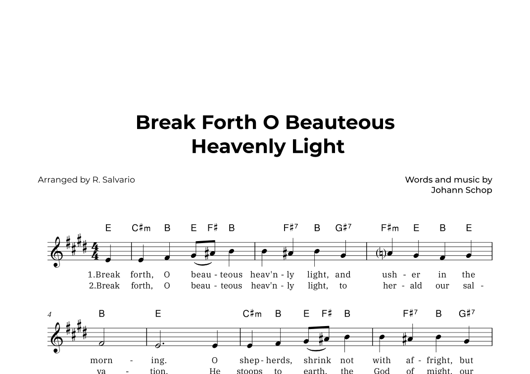 Break Forth O Beauteous Heavenly Light (Key of E Major) (arr. R. Salvario)