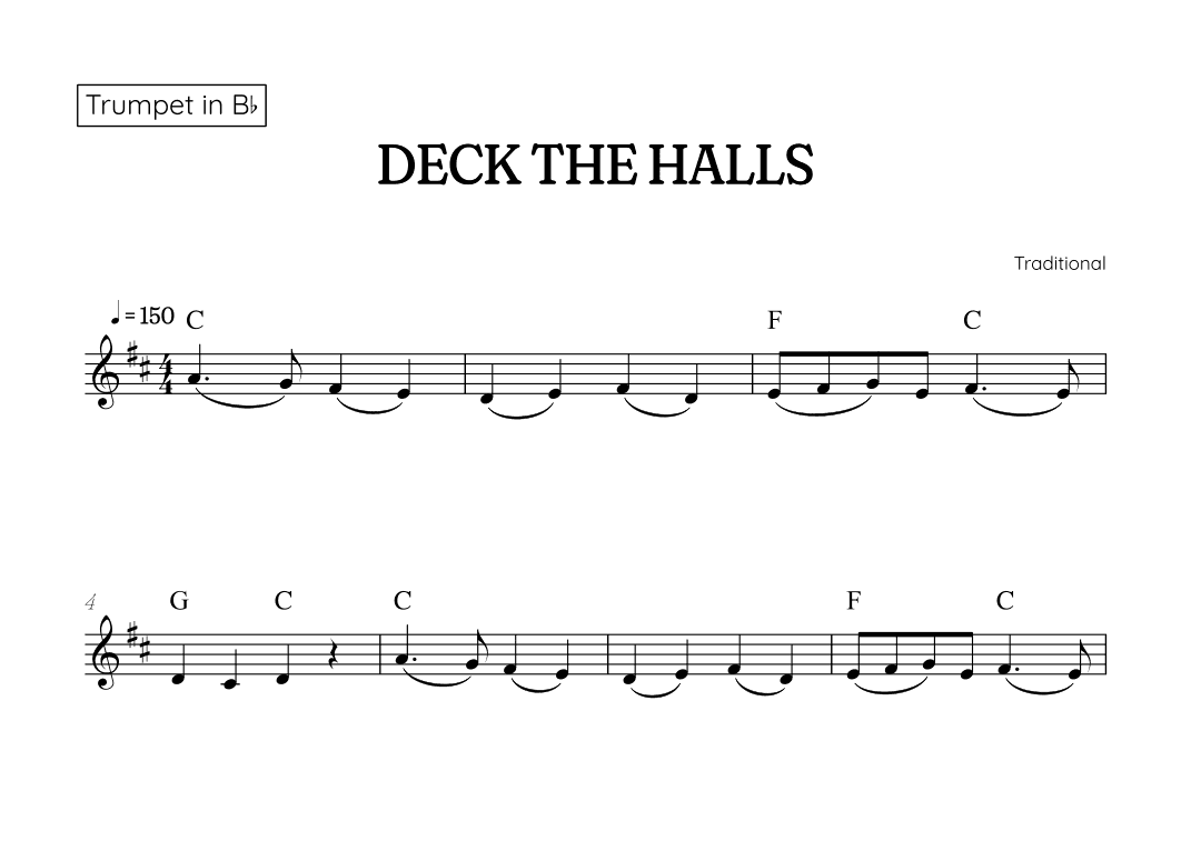 Deck the Halls for trumpet • easy Christmas song sheet music with chords (arr. Benzaiten Editions)