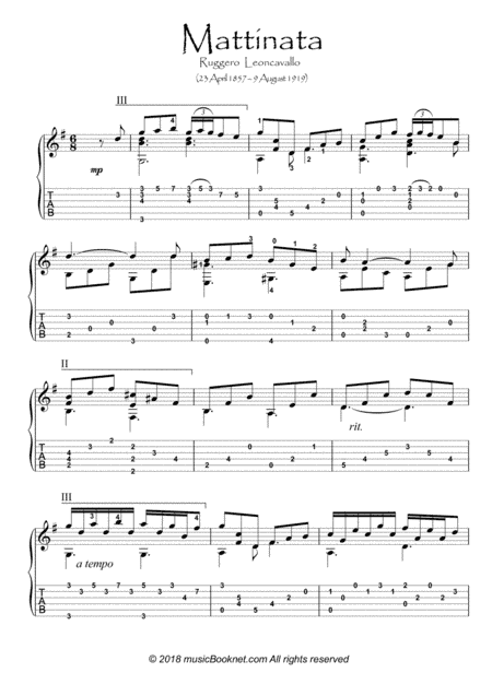 Mattinata by Leoncavallo for Guitar solo (arr. PianoSheetNow)