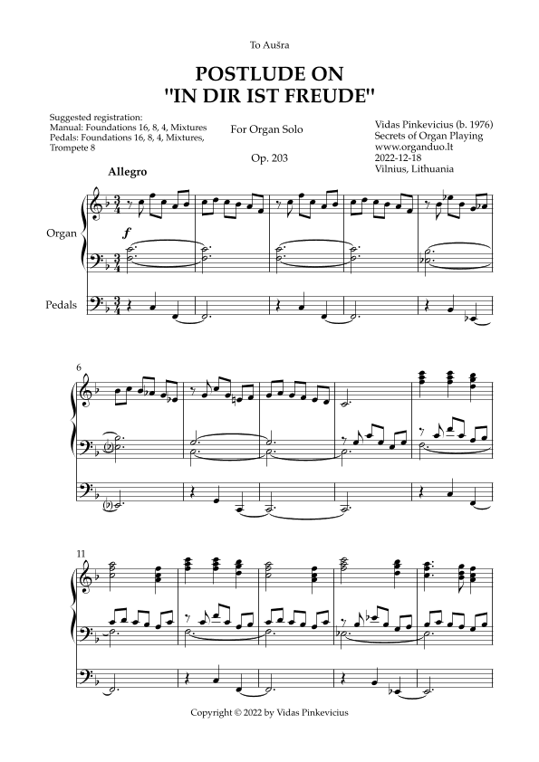 Postlude on "In dir ist Freude", Op. 203 (Organ Solo) by Vidas Pinkevicius