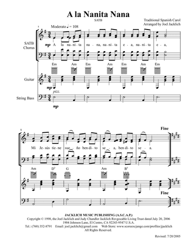 A la Nanita Nana for SATB Chorus Guitar, and Bass (arr. Joel Jacklich (ASCAP))