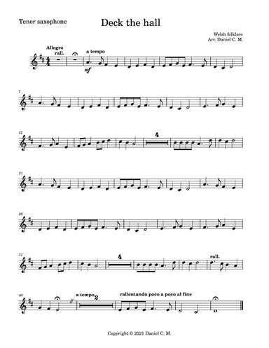 Deck the hall for tenor saxophone and piano (easy) (arr. Daniel C. M.)