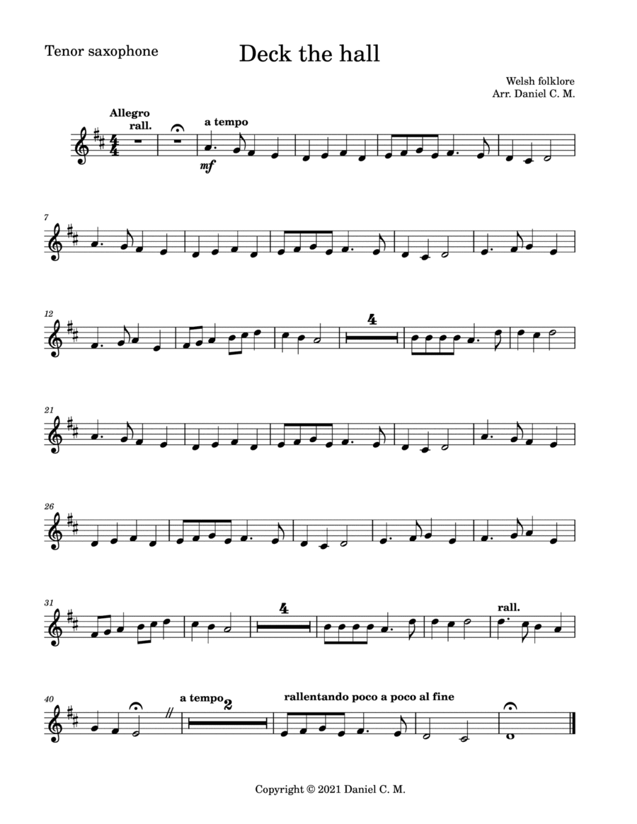 Deck the hall for tenor saxophone and piano (easy) (arr. Daniel C. M.)