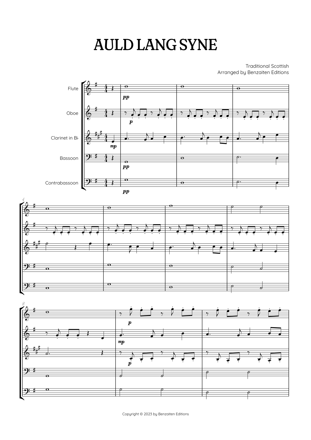 Auld Lang Syne • New Year's Anthem | Woodwind Quintet sheet music (arr. Benzaiten Editions)