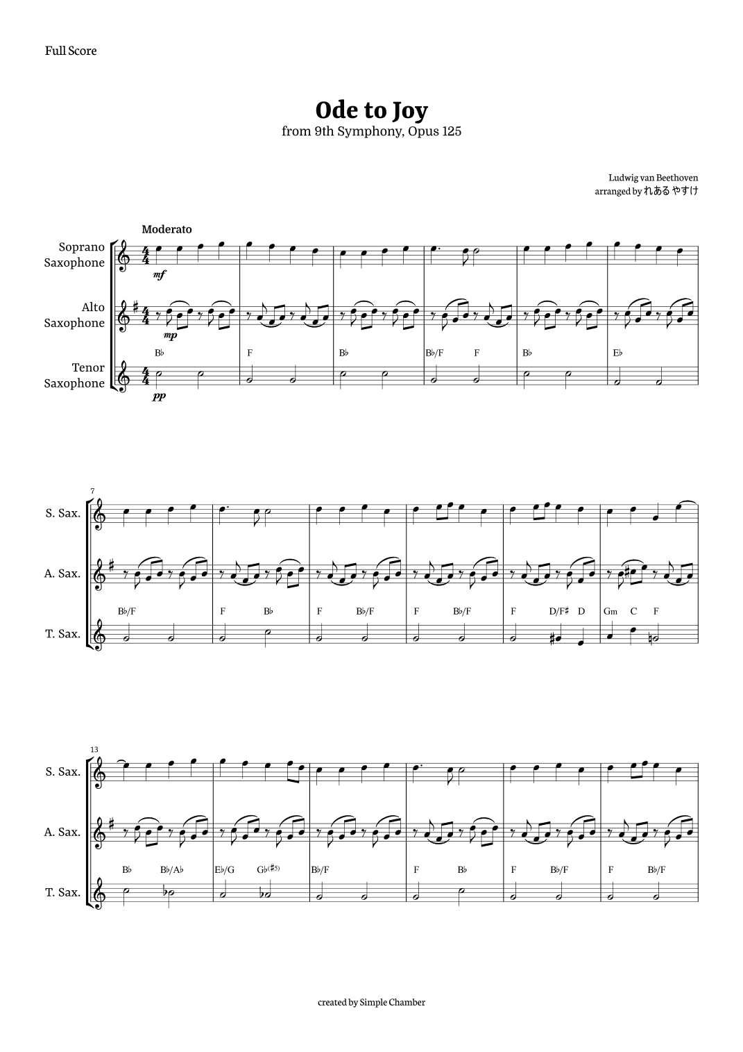 Ode to Joy for Saxophone Trio by Beethoven Opus 125 (arr. れある やすけ)