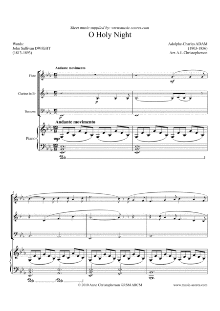 O Holy Night; Cantique de Noel - Flute, Clarinet, Bassoon and Piano (arr. Anne L Christopherson GRSM ARCM)