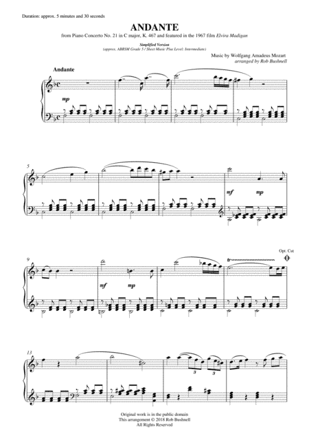 Andante (2nd Movement) from Piano Concerto No. 21 "Elvira Madigan" (Mozart) - Solo Piano (Level 3) (arr. Rob Bushnell)