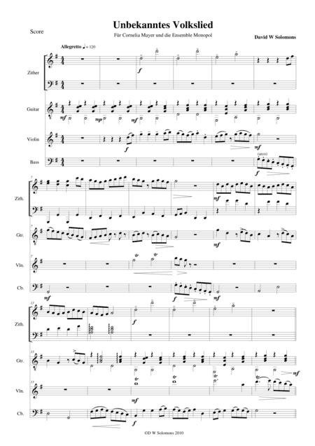 Unbekanntes Volkslied (Unknown folk song) for zither, violin, bass and guitar