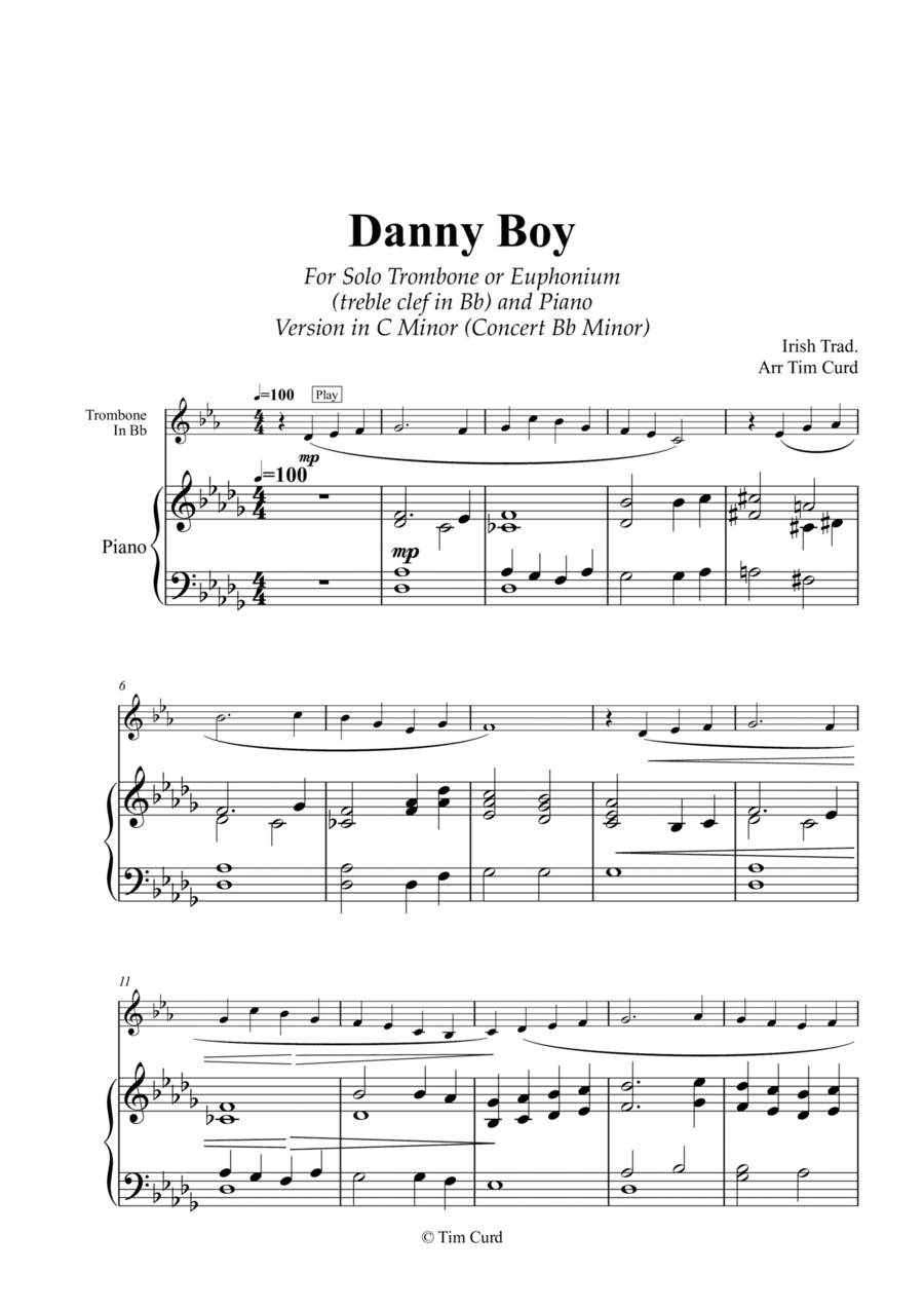 Danny Boy for Solo Trombone/Euphonium in Bb (treble clef) and Piano. Version in C Minor (Concert Bb (arr. Tim Curd)