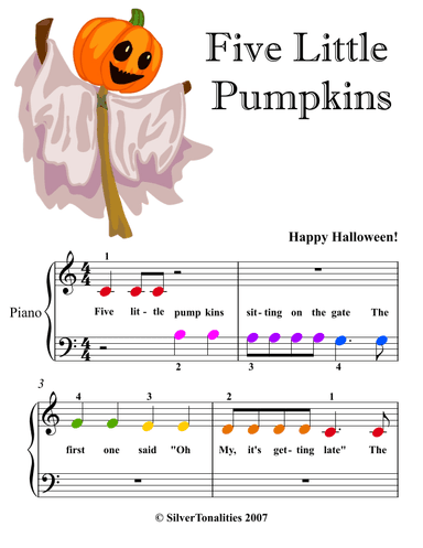 Five Little Pumpkins Beginner Piano Sheet Music with Colored Notes (arr. SilverTonalities)