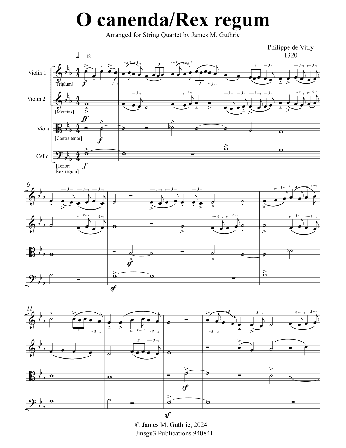 de Vitry: O canenda/Rex regum for String Quartet (arr. James M. Guthrie)