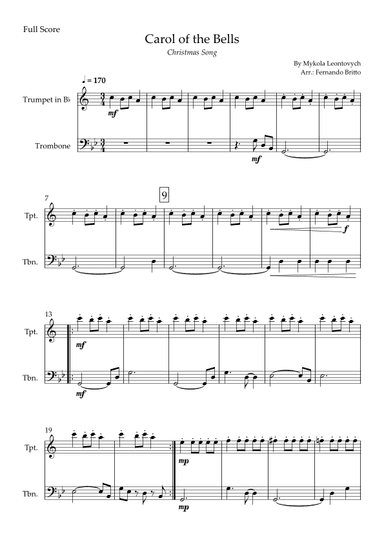 Carol of the Bells in Jazz Version (Christmas Song) for Trumpet in Bb & Trombone Duo (arr. Fabio Britto)