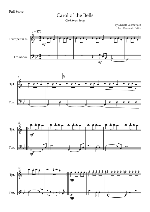 Carol of the Bells in Jazz Version (Christmas Song) for Trumpet in Bb & Trombone Duo (arr. Fabio Britto)