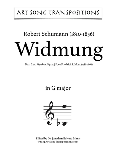 SCHUMANN: Widmung, Op. 25 no. 1 (transposed to G major) (arr. ArtSongTranspositions.com)