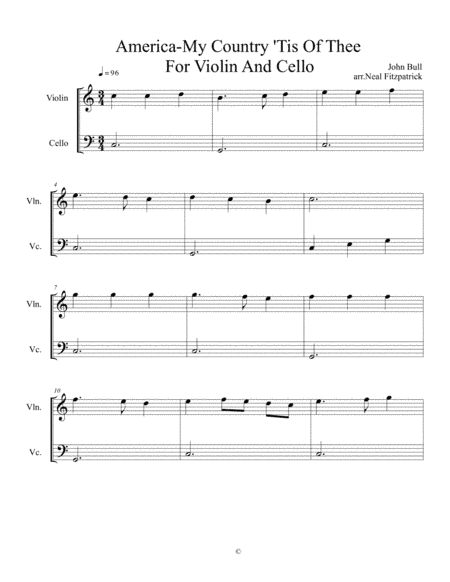 My Country 'Tis Of Thee-America For Violin And Cello (arr. Neal Fitzpatrick)