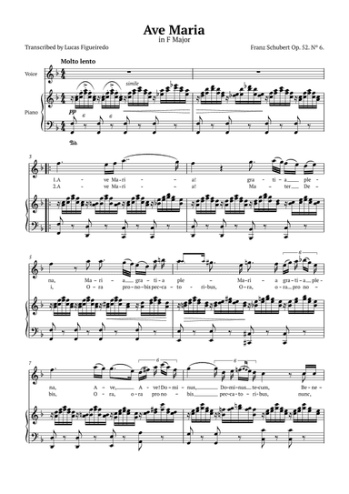 Ave Maria (Schubert) in F Major for Piano and Voice (Lyrics in Latin) (arr. Lucas Figueiredo)