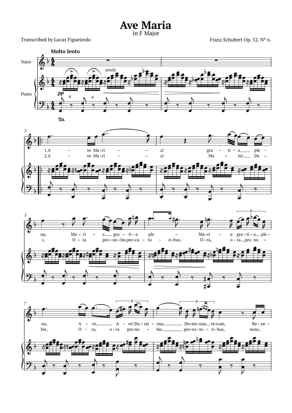 Ave Maria (Schubert) in F Major for Piano and Voice (Lyrics in Latin) (arr. Lucas Figueiredo)