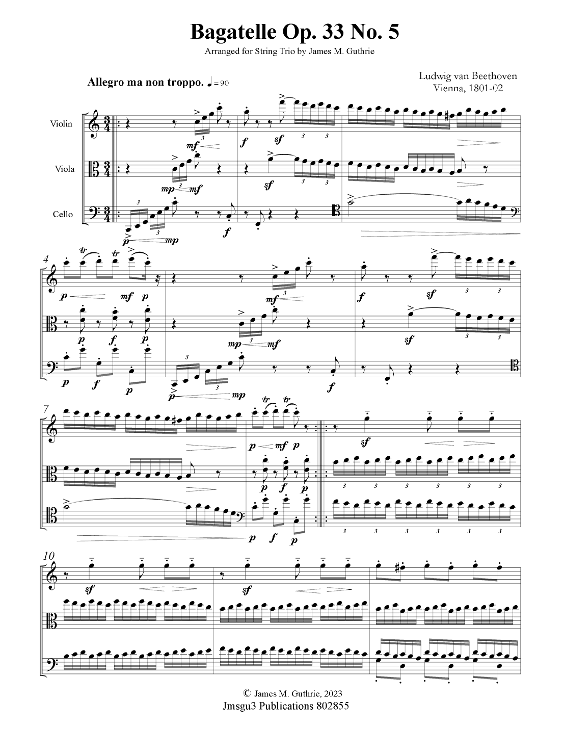Beethoven: Bagatelle Op. 33 No. 5 for String Trio (arr. James M. Guthrie, ASCAP)