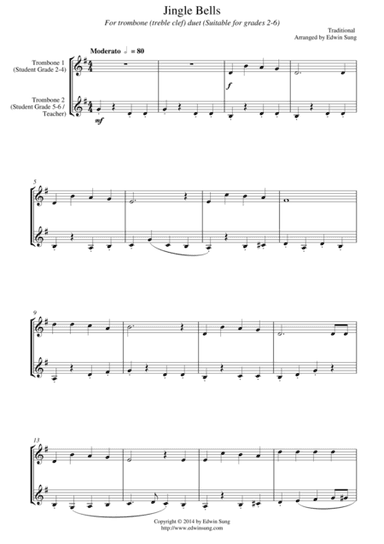 Jingle Bells (for trombone duet (treble clef), suitable for grades 2-6) (arr. Edwin Sung)
