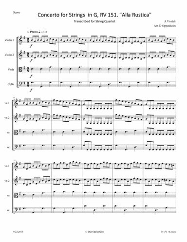 Vivaldi: Concerto for Strings in G, RV 151 "Alla Rustica" arr. for String Quartet (arr. D Oppenheim)