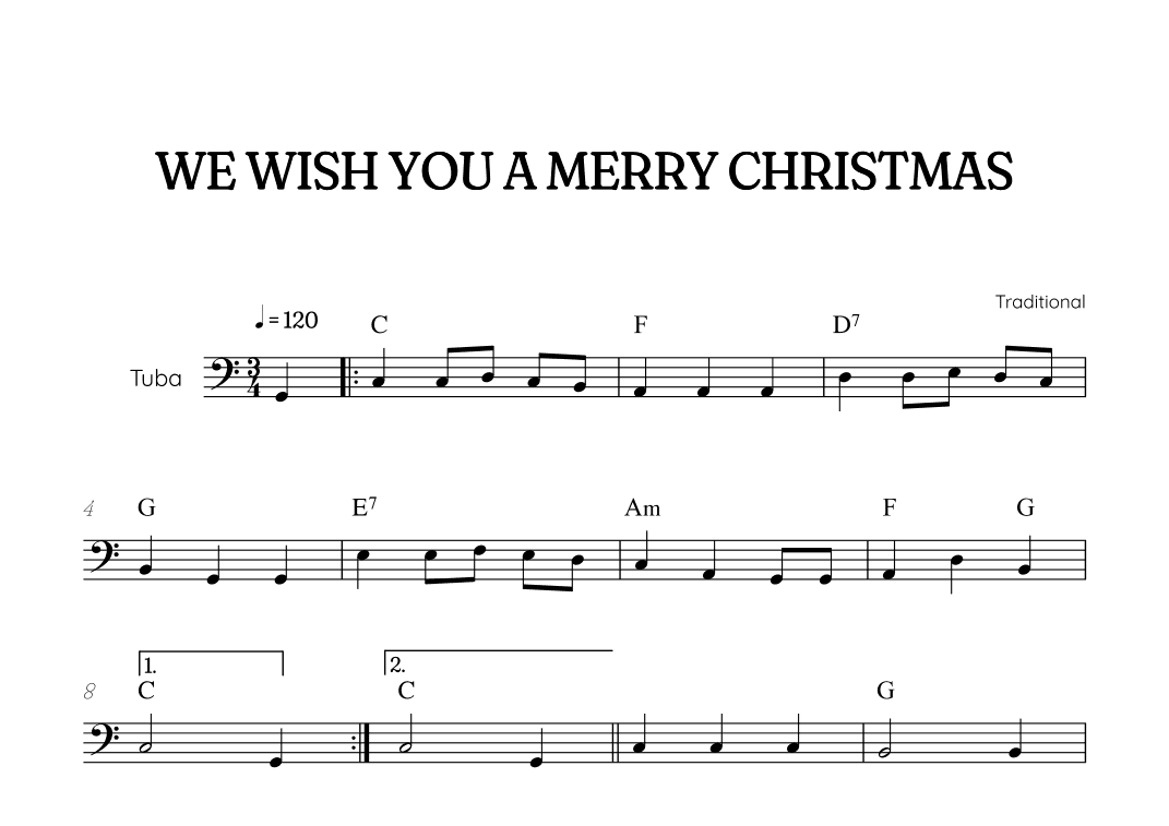 We Wish You a Merry Christmas for tuba • easy Christmas sheet music with chords (arr. Benzaiten Editions)