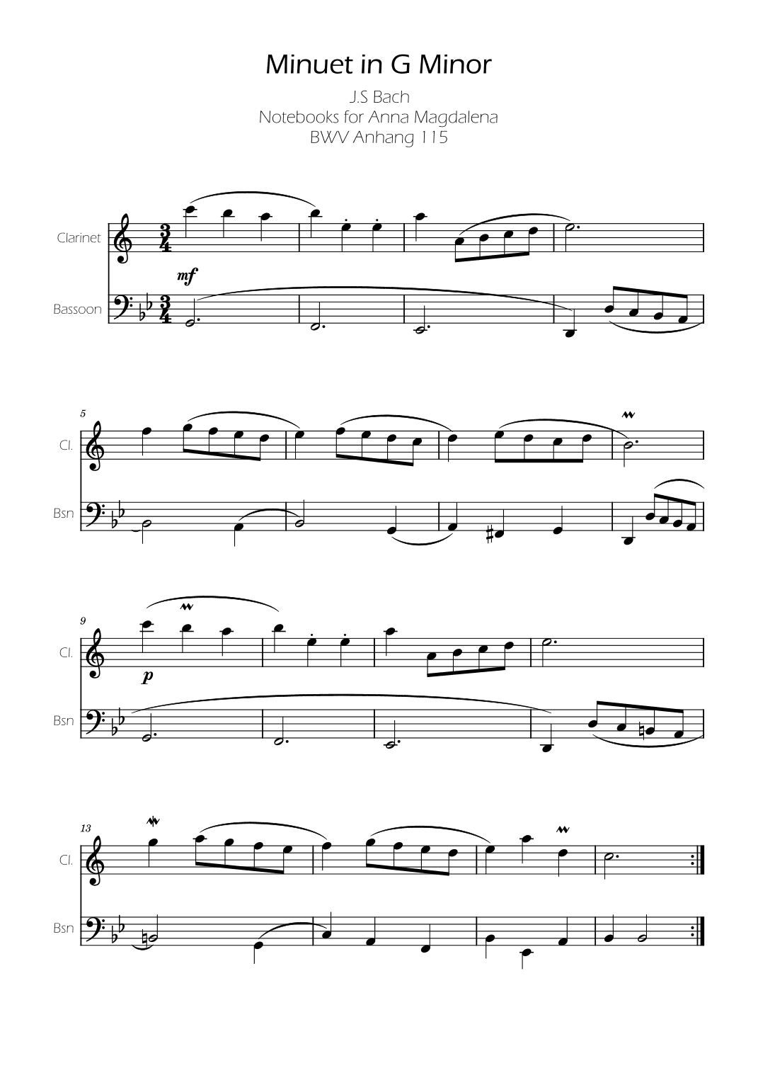 Minuet in G minor BWV Anh. 115 - Bach - Clarinet and Bassoon (arr. Ygor Nunes)