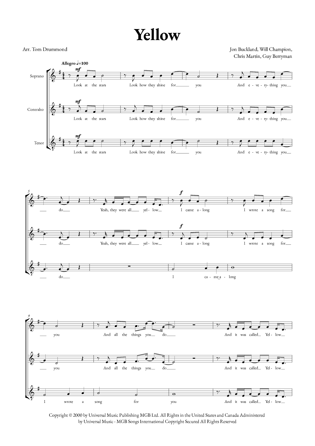 Yellow (arr. Tom Drummond)