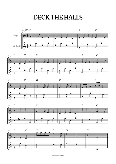 Deck the Halls for violin duet • easy Christmas song sheet music w/ chords (arr. Benzaiten Editions)