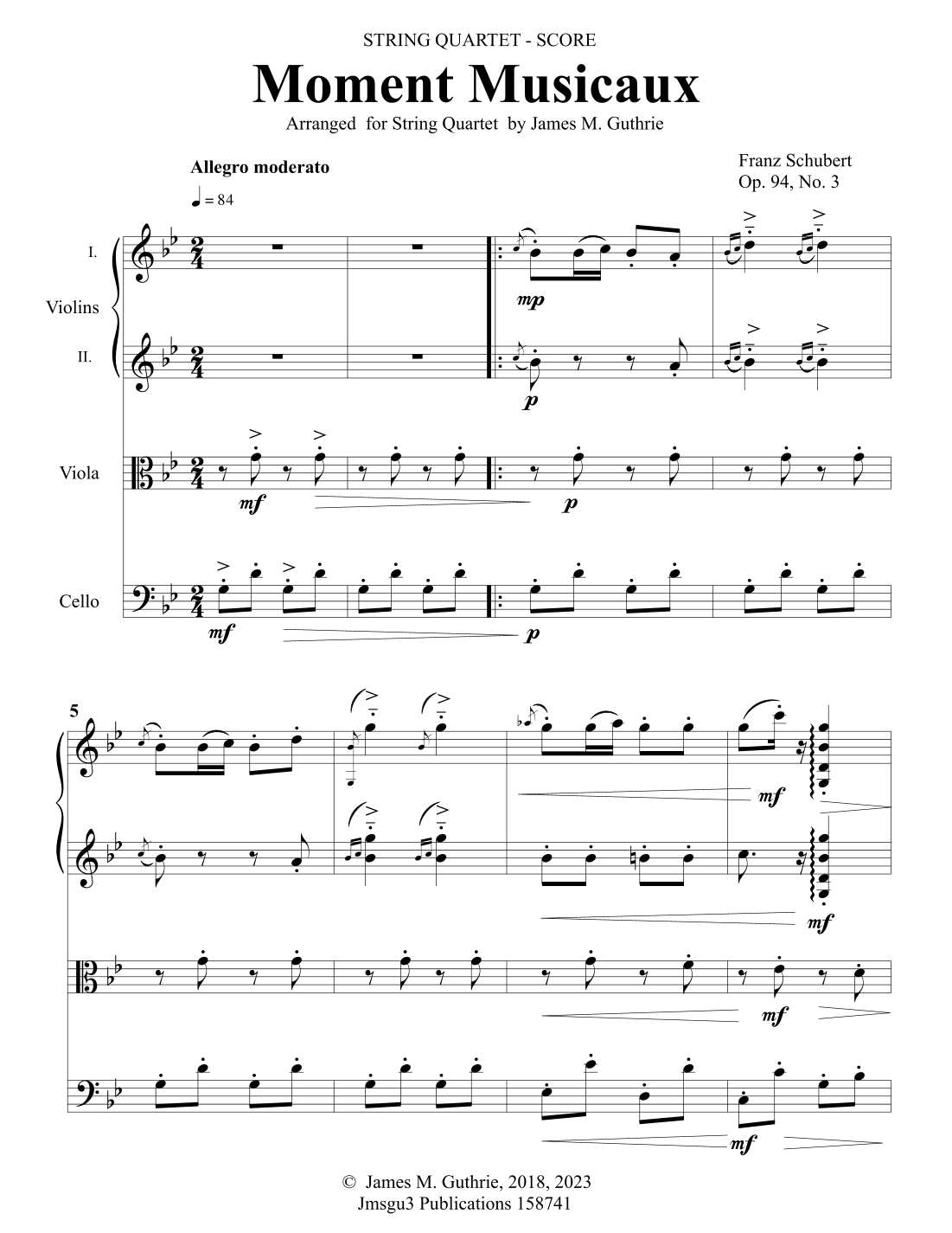 Schubert: Moment Musicaux for String Quartet (arr. James M. Guthrie, ASCAP)