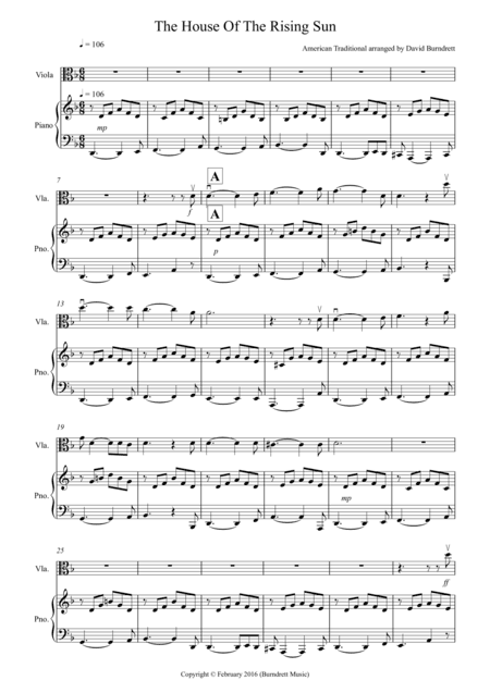 House of the Rising Sun for Viola and Piano (arr. David Burndrett)