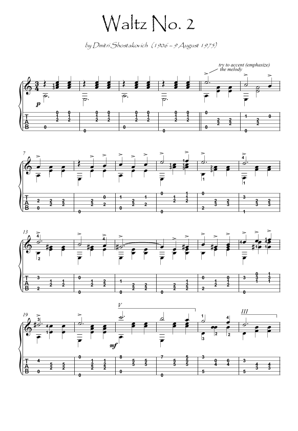 Waltz 2 Guitar solo (arr. PianoSheetNow)